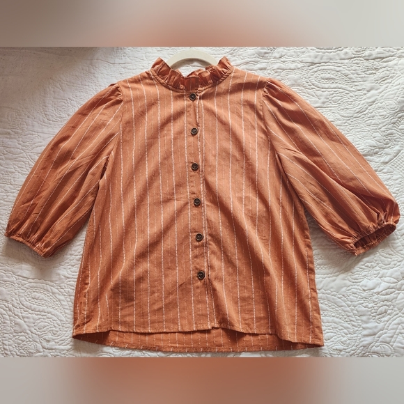Dazy Stripped Ruffle Neck Lantern Sleeve Blouse - Picture 4 of 5
